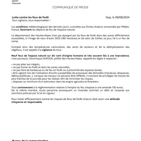 Lutte contre les Feux de forêt Communiqué de Presse