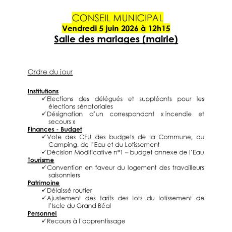Prochain Conseil Municipal vendredi 5 juin 2026 à 12h15